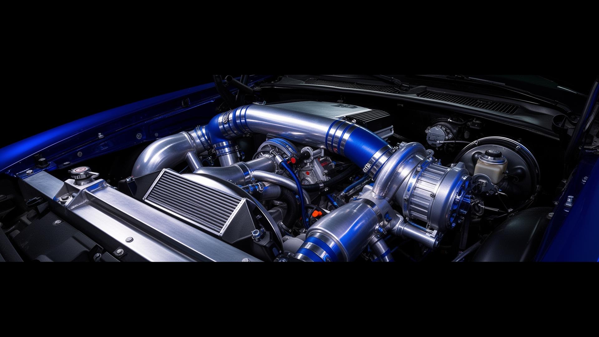 Wide view of a supercharged V8 engine bay with intercooler piping and centrifugal supercharger