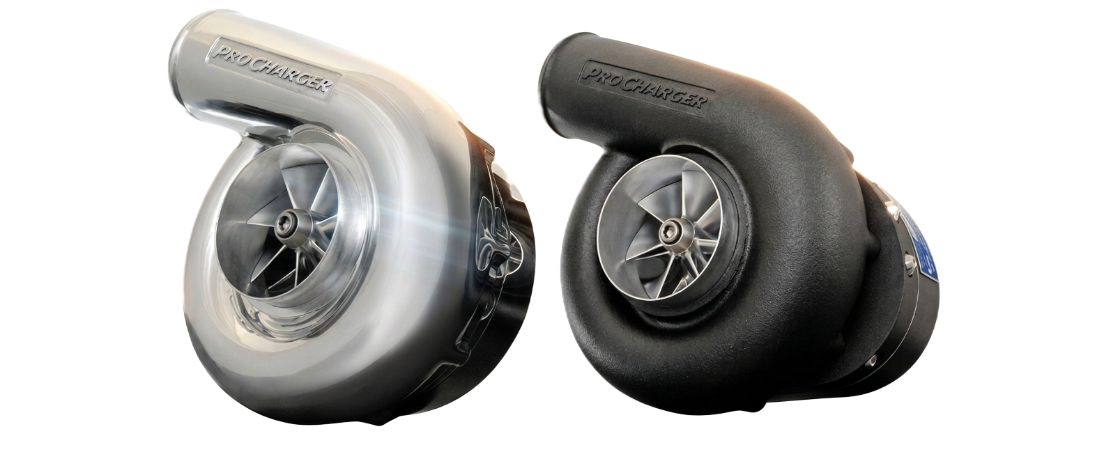 Two ProCharger centrifugal superchargers, polished and black, side by side