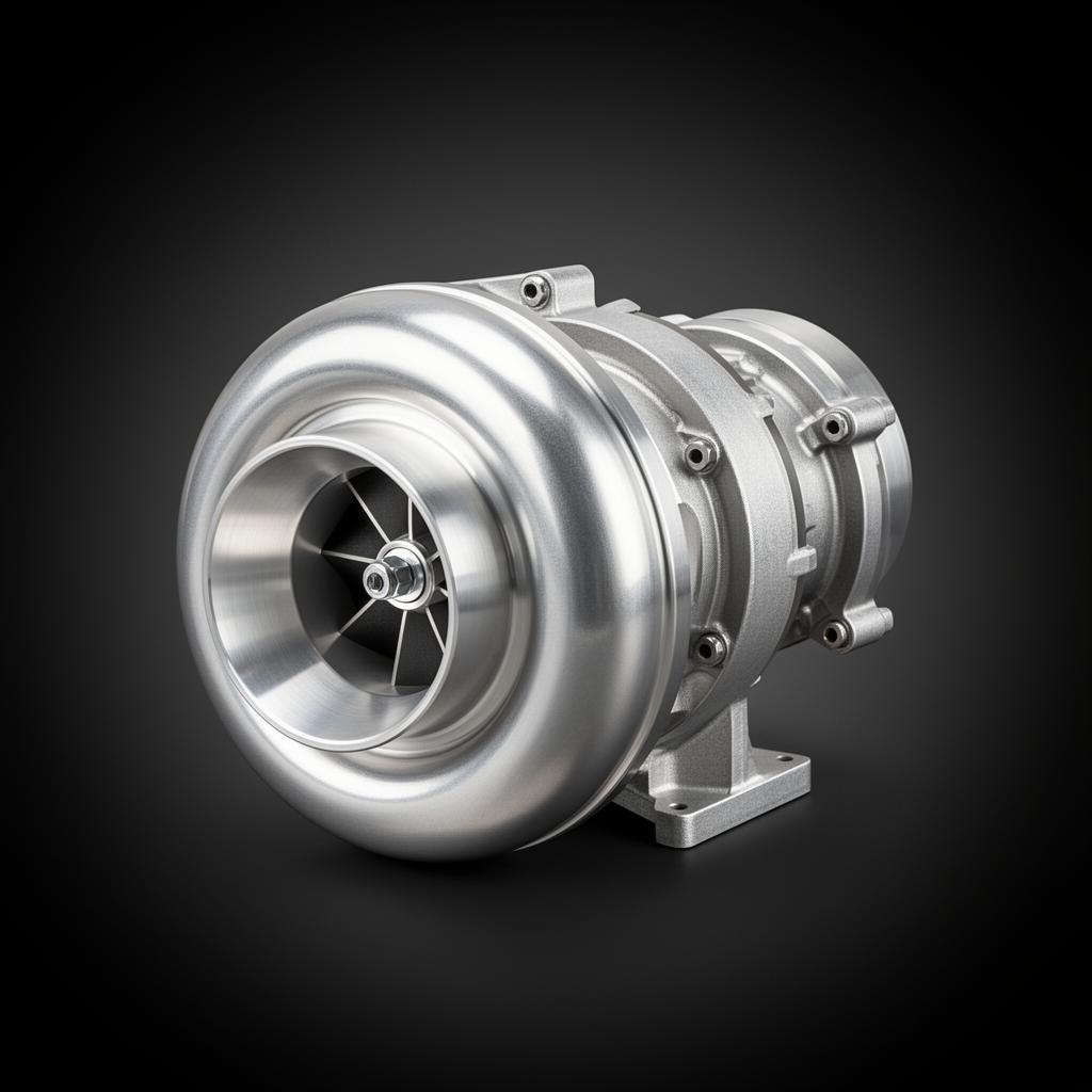 Close-up of a billet centrifugal supercharger head unit with visible impeller