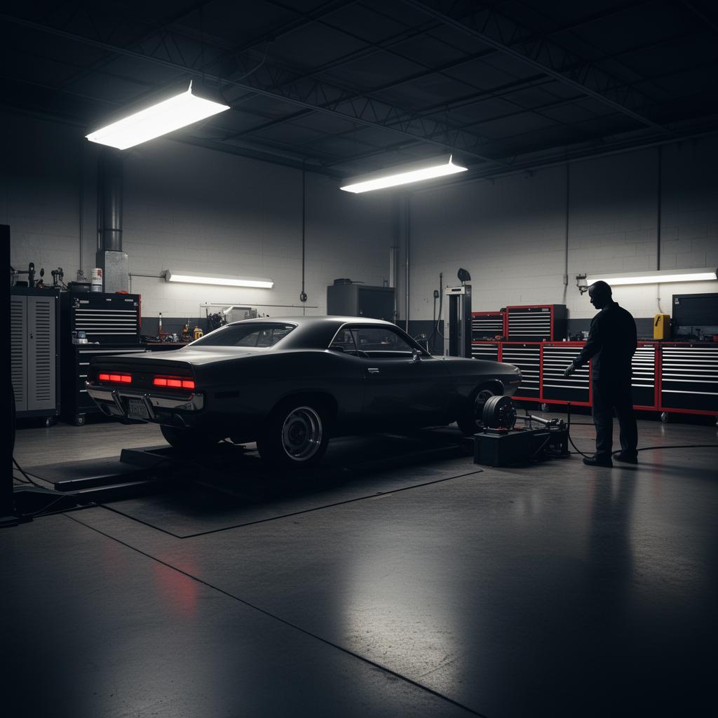 Performance shop floor in Calgary with a muscle car on the dyno